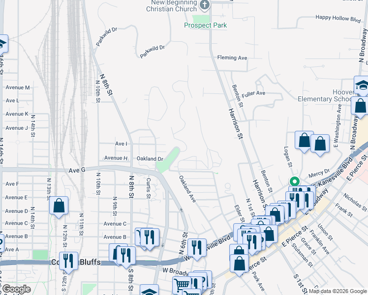 map of restaurants, bars, coffee shops, grocery stores, and more near 840 Oak Park Road in Council Bluffs