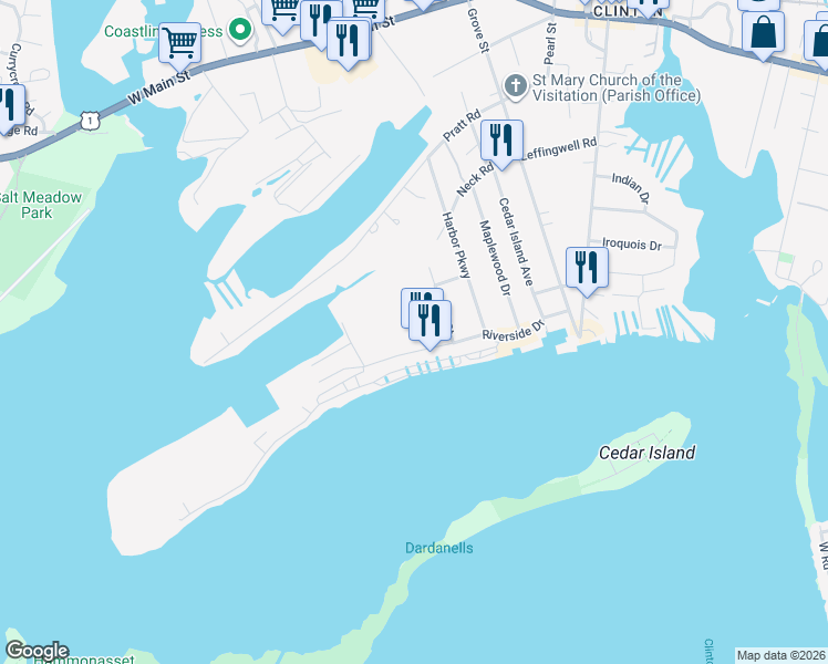 map of restaurants, bars, coffee shops, grocery stores, and more near 25 Riverside Drive in Clinton