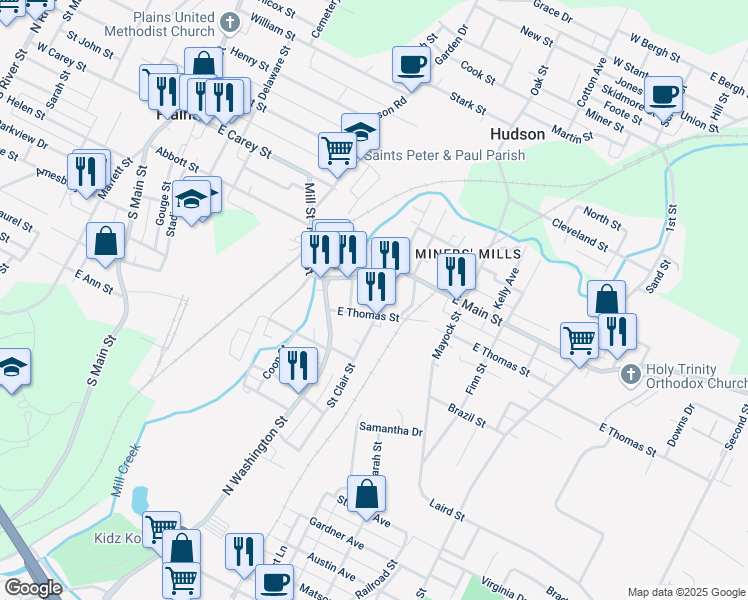 map of restaurants, bars, coffee shops, grocery stores, and more near 13 Chandler Street in Wilkes-Barre