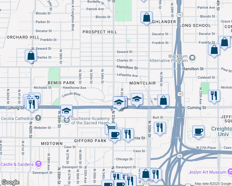 map of restaurants, bars, coffee shops, grocery stores, and more near 1017 North 33rd Street in Omaha