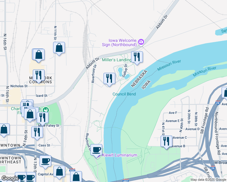 map of restaurants, bars, coffee shops, grocery stores, and more near 1001 Gallup Drive in Omaha