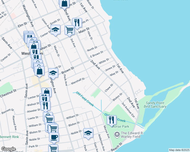 map of restaurants, bars, coffee shops, grocery stores, and more near 2 Curtiss Avenue in West Haven