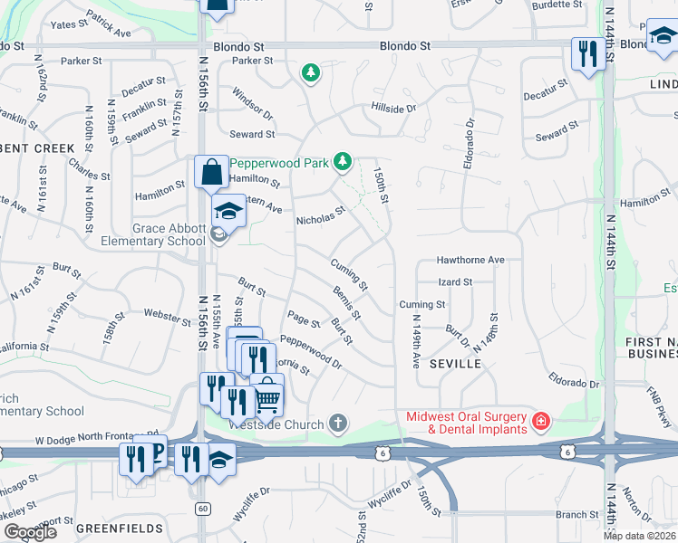 map of restaurants, bars, coffee shops, grocery stores, and more near 15305 Cuming Street in Omaha
