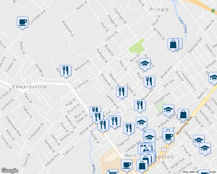 map of restaurants, bars, coffee shops, grocery stores, and more near 138 Roosevelt St in Kingston
