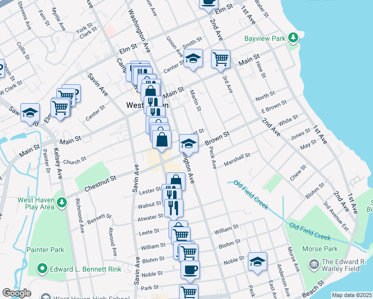 map of restaurants, bars, coffee shops, grocery stores, and more near 379 Washington Avenue in West Haven