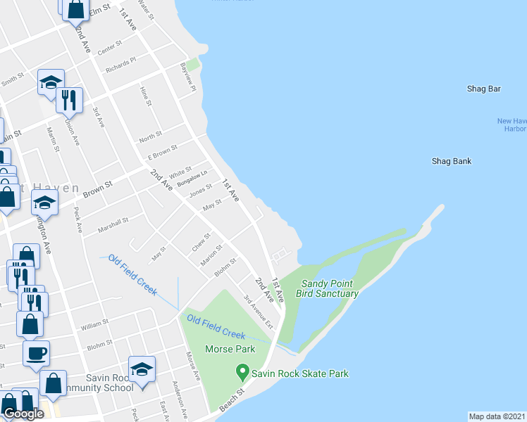 map of restaurants, bars, coffee shops, grocery stores, and more near 25 April Street in West Haven