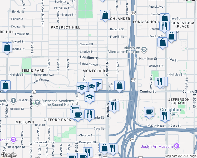 map of restaurants, bars, coffee shops, grocery stores, and more near 3025 Nicholas Street in Omaha