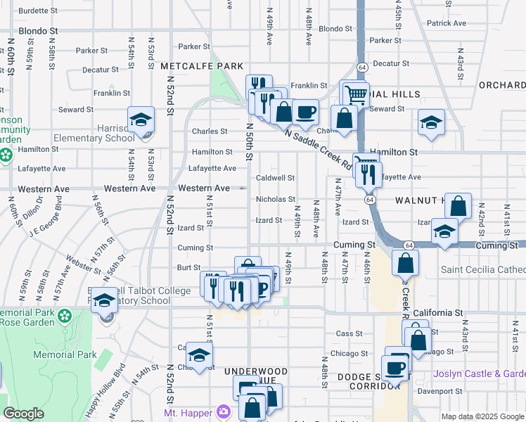 map of restaurants, bars, coffee shops, grocery stores, and more near 1005 North 50th Avenue in Omaha