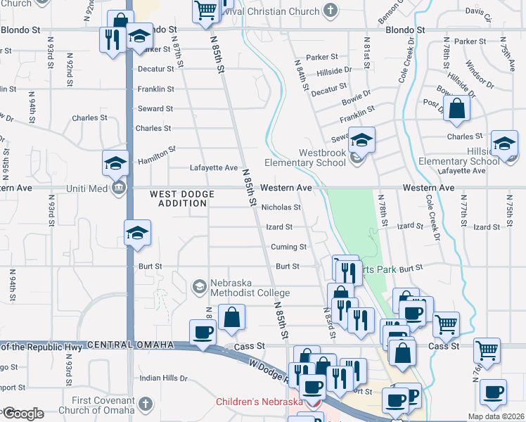 map of restaurants, bars, coffee shops, grocery stores, and more near 1018 North 85th Street in Omaha