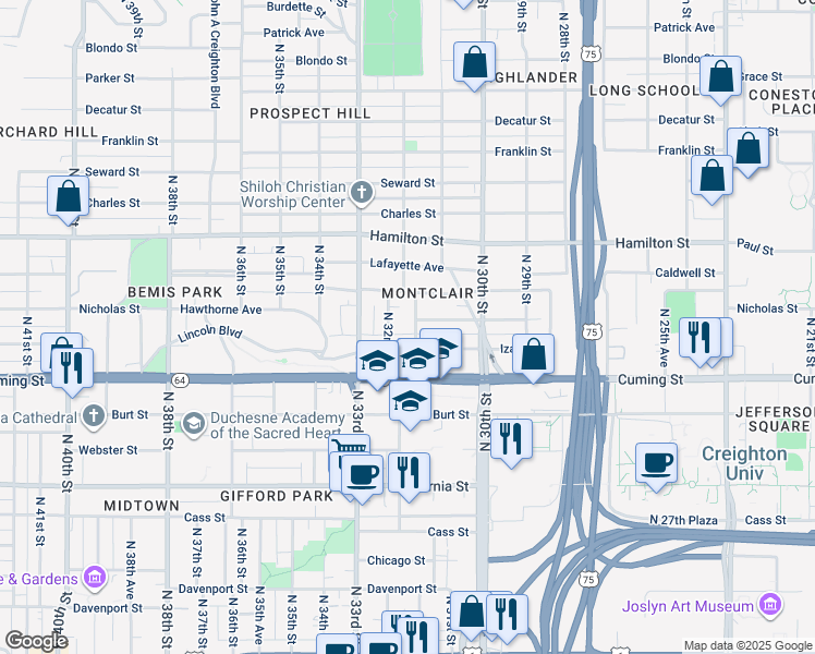 map of restaurants, bars, coffee shops, grocery stores, and more near 1016 North 31st Avenue in Omaha