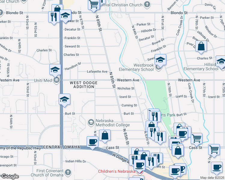 map of restaurants, bars, coffee shops, grocery stores, and more near 1018 North 85th Street in Omaha