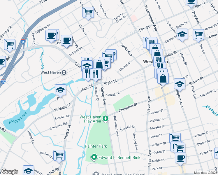 map of restaurants, bars, coffee shops, grocery stores, and more near 512 Main Street in West Haven