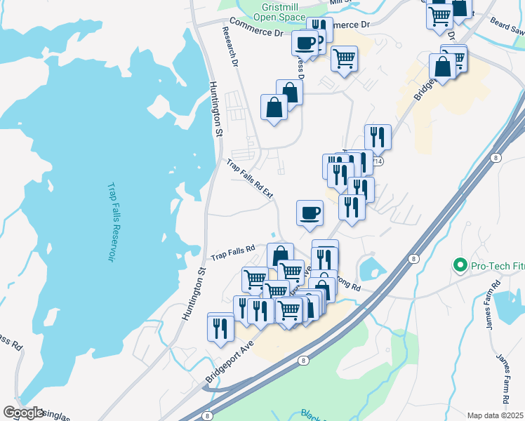 map of restaurants, bars, coffee shops, grocery stores, and more near 86 Heather Ridge in Shelton
