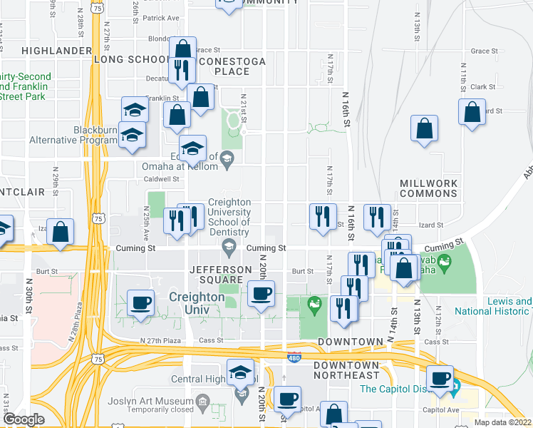 map of restaurants, bars, coffee shops, grocery stores, and more near 1005 North 20th Street in Omaha