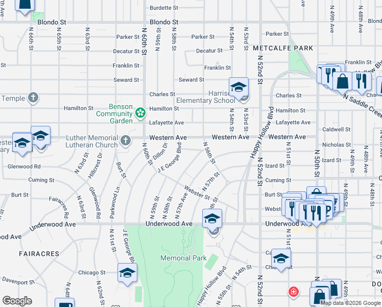 map of restaurants, bars, coffee shops, grocery stores, and more near 747 J E George Boulevard in Omaha