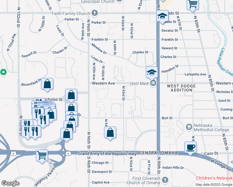 map of restaurants, bars, coffee shops, grocery stores, and more near 9324 Cuming Plaza in Omaha