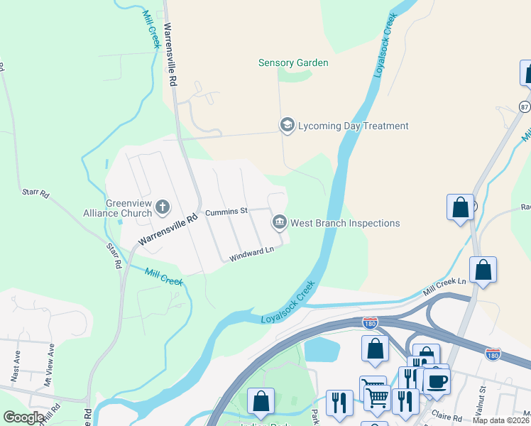 map of restaurants, bars, coffee shops, grocery stores, and more near 2076 Cummins Street in Montoursville