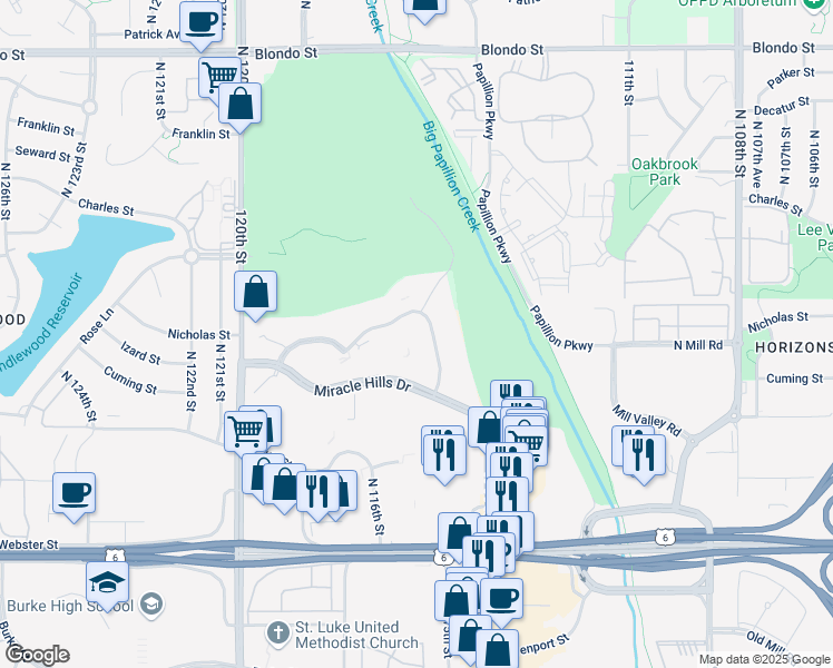 map of restaurants, bars, coffee shops, grocery stores, and more near 1044 North 115th Street in Omaha