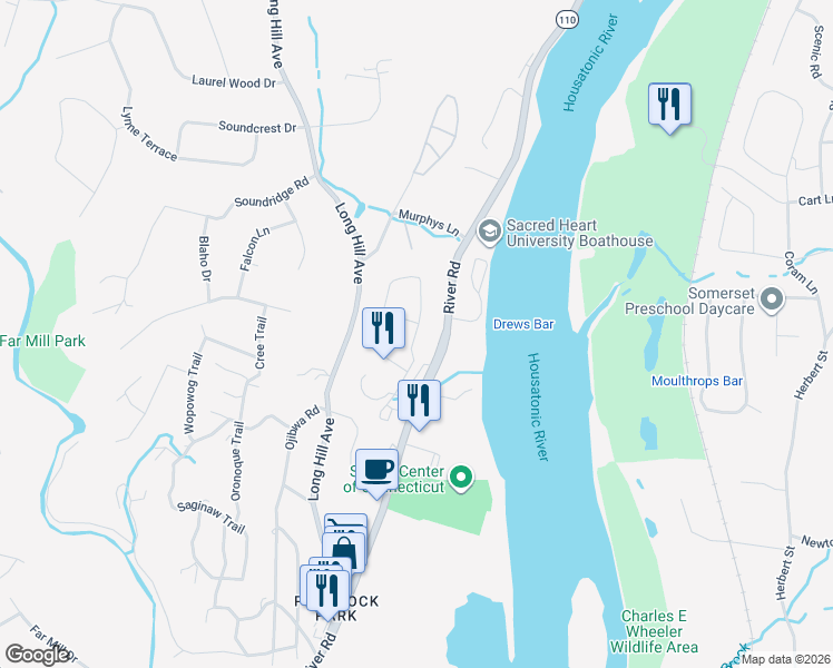 map of restaurants, bars, coffee shops, grocery stores, and more near 205 Kyles Way in Shelton