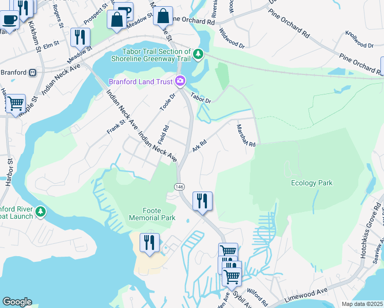 map of restaurants, bars, coffee shops, grocery stores, and more near 3 Ark Road in Branford