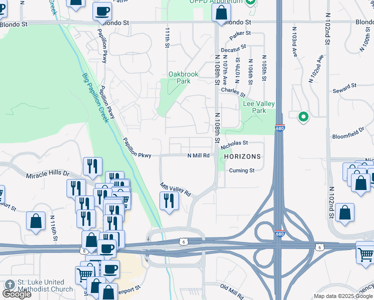 map of restaurants, bars, coffee shops, grocery stores, and more near 10905 North Mill Court in Omaha