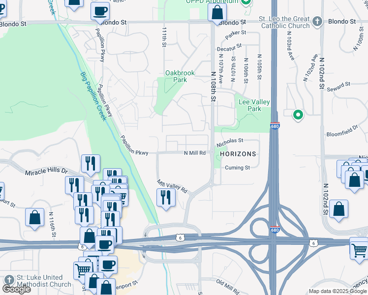 map of restaurants, bars, coffee shops, grocery stores, and more near 10905 North Mill Court in Omaha