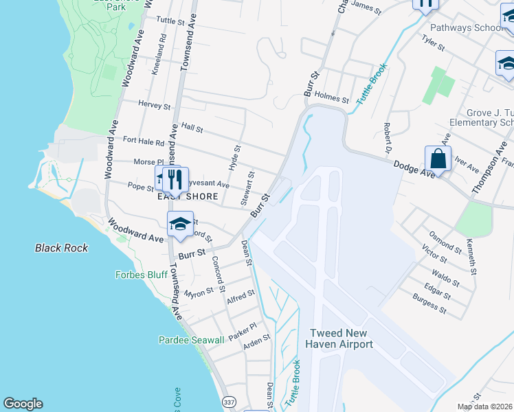 map of restaurants, bars, coffee shops, grocery stores, and more near 171 Burr Street in East Haven