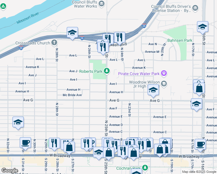 map of restaurants, bars, coffee shops, grocery stores, and more near 823 North 25th Street in Council Bluffs