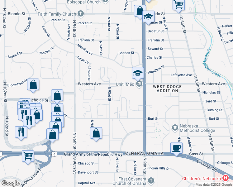 map of restaurants, bars, coffee shops, grocery stores, and more near 1107 North 93rd Street in Omaha