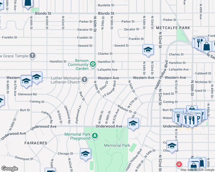 map of restaurants, bars, coffee shops, grocery stores, and more near 925 Dillon Drive in Omaha