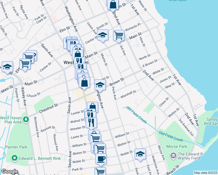 map of restaurants, bars, coffee shops, grocery stores, and more near 130 Brown Street in West Haven