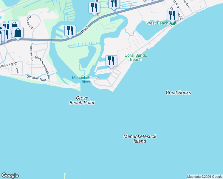 map of restaurants, bars, coffee shops, grocery stores, and more near 130 Captains Drive in Westbrook