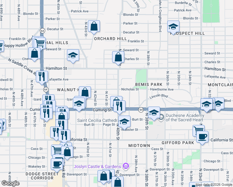 map of restaurants, bars, coffee shops, grocery stores, and more near 1014 North 40th Street in Omaha