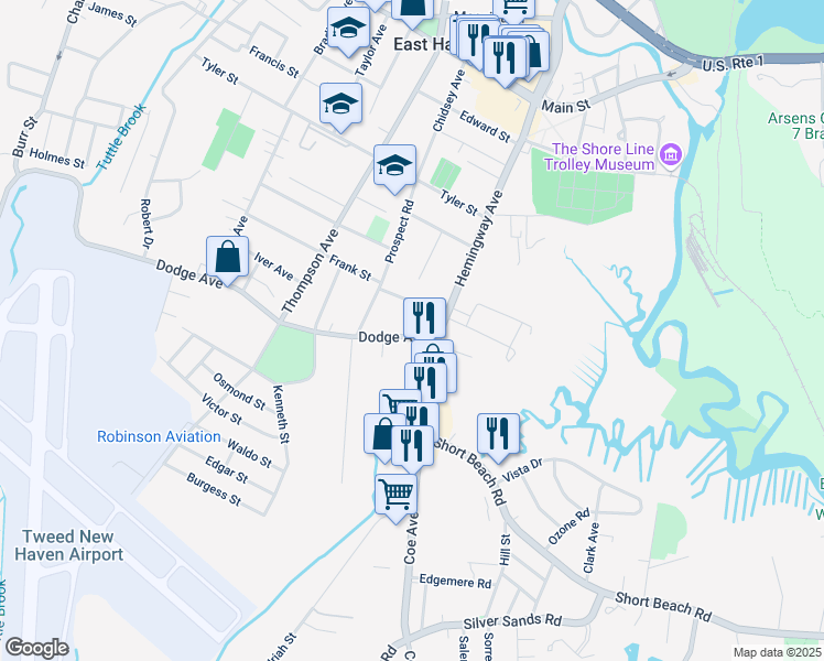 map of restaurants, bars, coffee shops, grocery stores, and more near 21 Dodge Avenue in East Haven