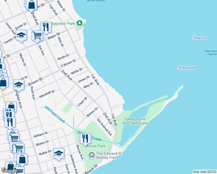 map of restaurants, bars, coffee shops, grocery stores, and more near 25 April Street in West Haven
