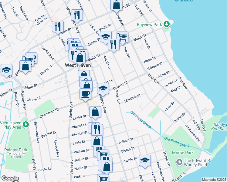 map of restaurants, bars, coffee shops, grocery stores, and more near 130 Brown Street in West Haven