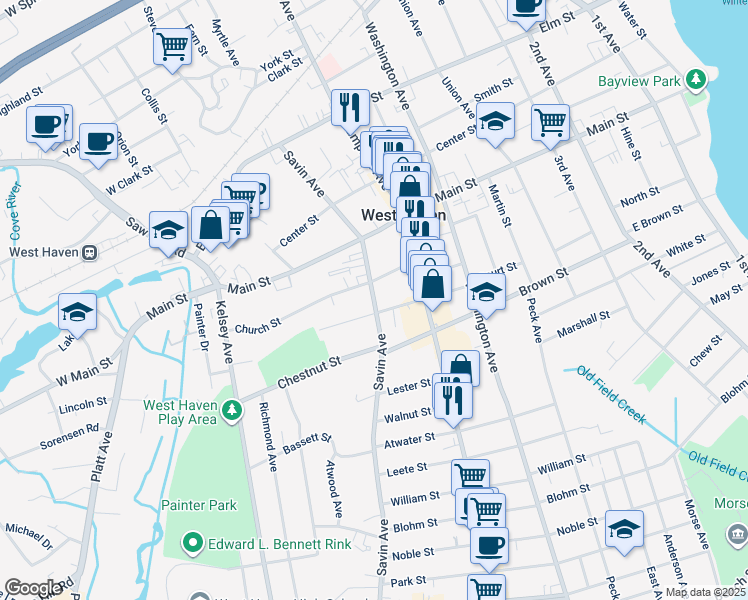 map of restaurants, bars, coffee shops, grocery stores, and more near 629 Savin Avenue in West Haven