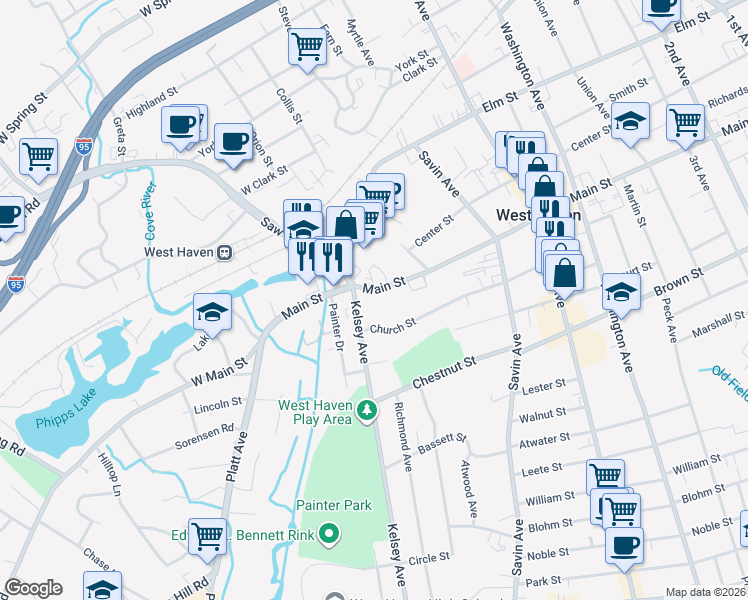 map of restaurants, bars, coffee shops, grocery stores, and more near 512 Main Street in West Haven