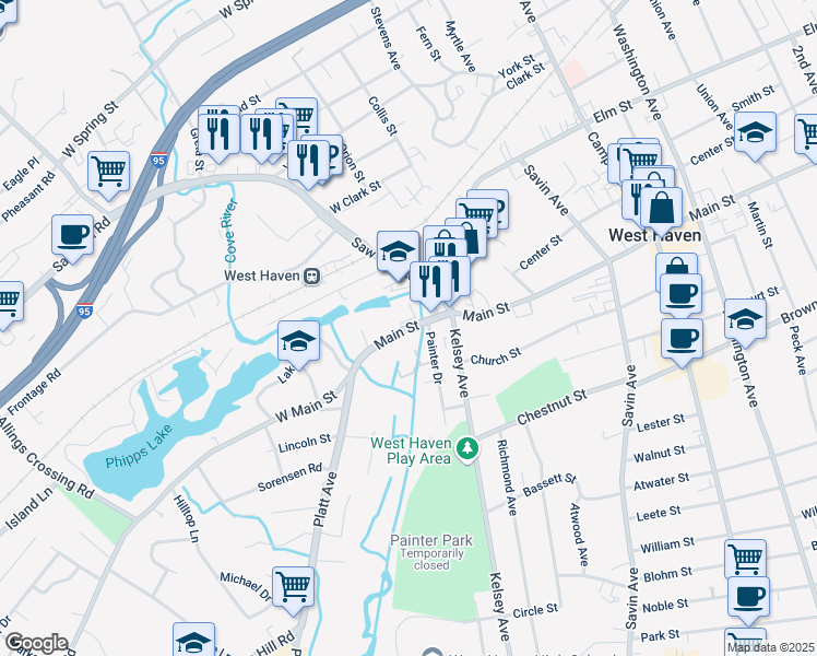 map of restaurants, bars, coffee shops, grocery stores, and more near 580 Connecticut 162 in West Haven