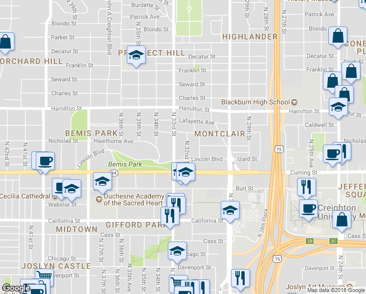 map of restaurants, bars, coffee shops, grocery stores, and more near 1017 North 33rd Street in Omaha