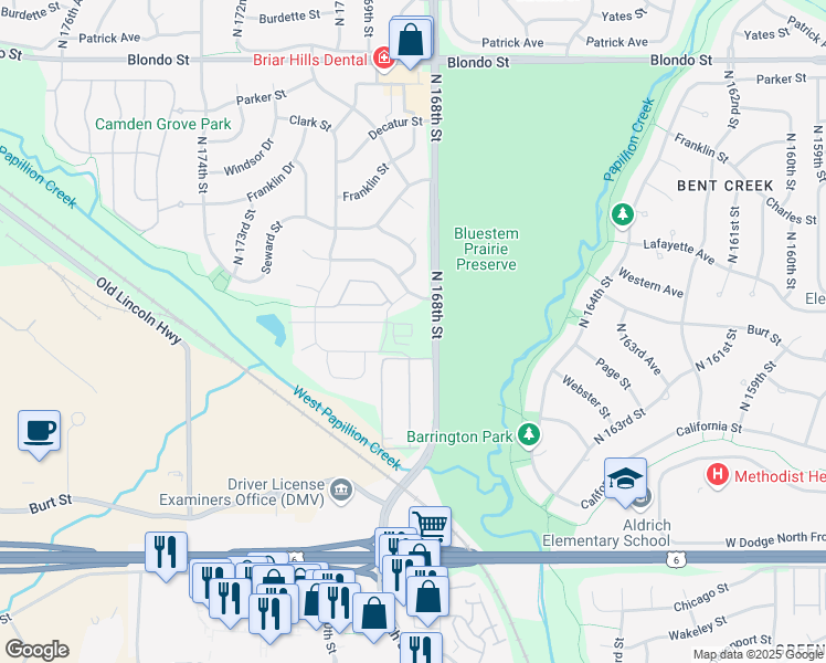 map of restaurants, bars, coffee shops, grocery stores, and more near 1221 North 170th Street in Omaha