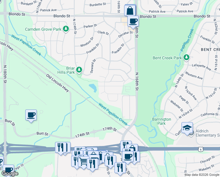 map of restaurants, bars, coffee shops, grocery stores, and more near 17066 Nicholas Street in Omaha