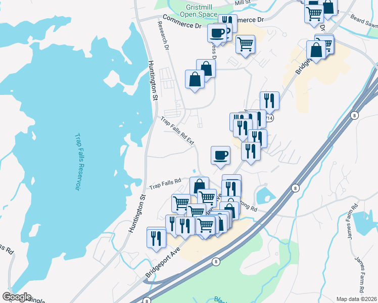 map of restaurants, bars, coffee shops, grocery stores, and more near 86 Heather Ridge in Shelton