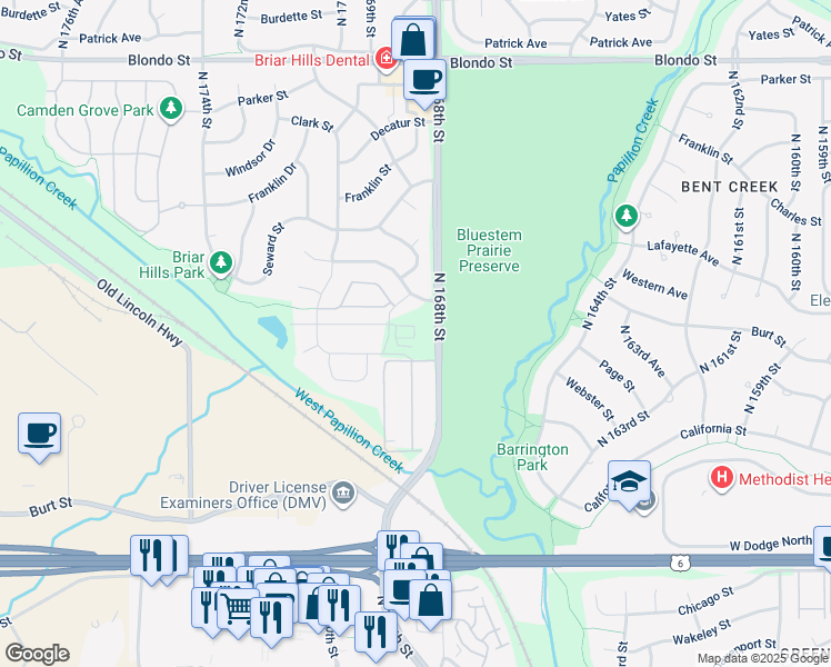 map of restaurants, bars, coffee shops, grocery stores, and more near 1212 North 168th Avenue in Omaha