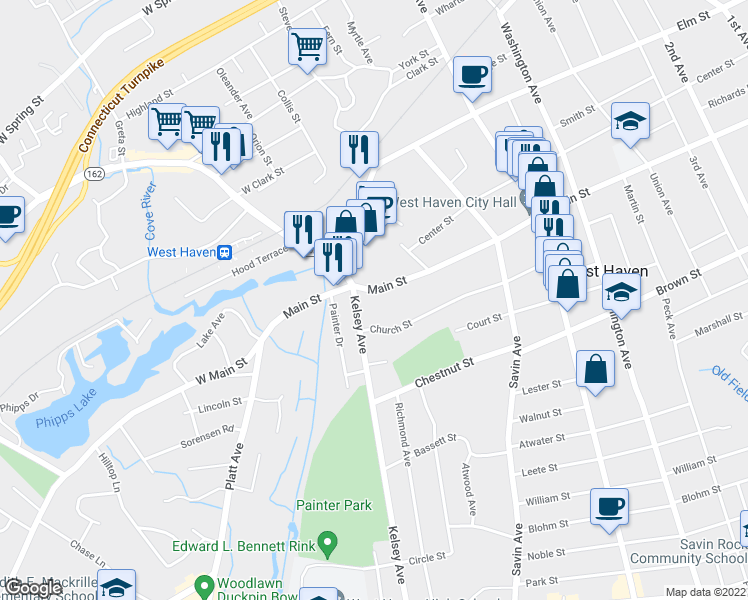 map of restaurants, bars, coffee shops, grocery stores, and more near 512 Main Street in West Haven