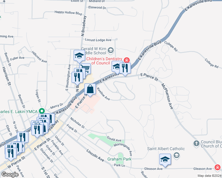 map of restaurants, bars, coffee shops, grocery stores, and more near 40 Kenmore Avenue in Council Bluffs