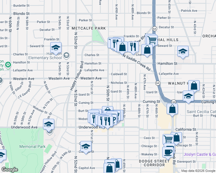 map of restaurants, bars, coffee shops, grocery stores, and more near Nicholas Street in Omaha