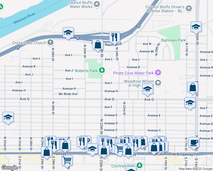 map of restaurants, bars, coffee shops, grocery stores, and more near 823 North 25th Street in Council Bluffs