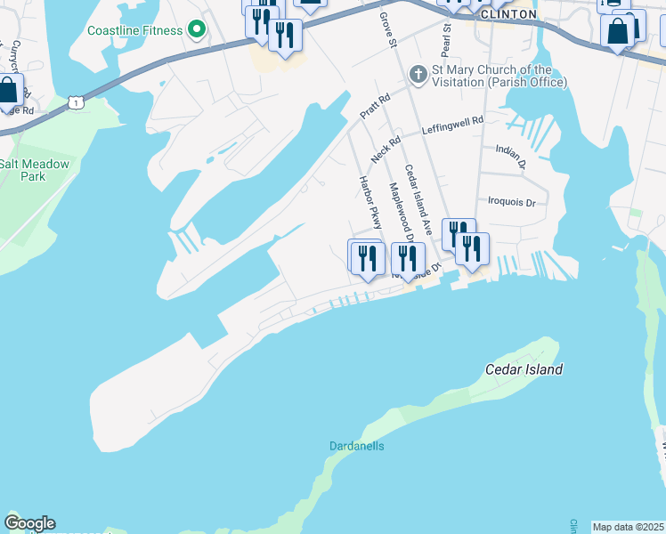 map of restaurants, bars, coffee shops, grocery stores, and more near A6 Riverside Drive in Clinton