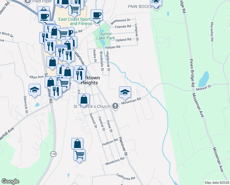 map of restaurants, bars, coffee shops, grocery stores, and more near 1761 Highbrook Street in Yorktown Heights